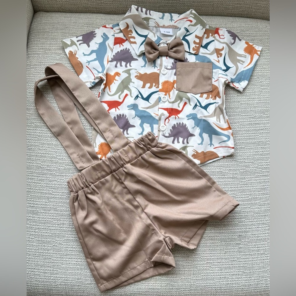 *New* MiniOlie Baby Boy Button-Up Bow Tie Shirt & Suspenders (6-9M)